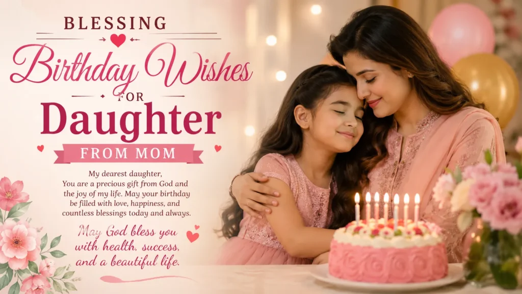 Blessing Birthday Wishes for Daughter from Mom

Birthday blessings from Mom for a daughter who will always hold a special place in her heart. 💖🎂

A mother’s heartfelt blessings and birthday wishes for her beloved daughter. 💕🎂

Sweet birthday blessings from Mom to a daughter who makes every day brighter. 🌸💖

May God bless my precious daughter with happiness, success, and endless love. 🙏🎉

Heart-touching birthday wishes from a loving mother to her beautiful daughter. 💐❤️

Celebrating my daughter with prayers, blessings, and all the love a mother can give. 🎂✨

May your birthday bring you closer to your dreams and fill your life with joy. 🌷🙏

A mother’s birthday prayer for her daughter: may you always be happy, safe, and blessed. 💕

Sending my daughter warm birthday wishes wrapped in endless maternal love and prayers. 🎁❤️

To my wonderful daughter, may every new year of your life bring peace and beautiful memories. 🌸✨