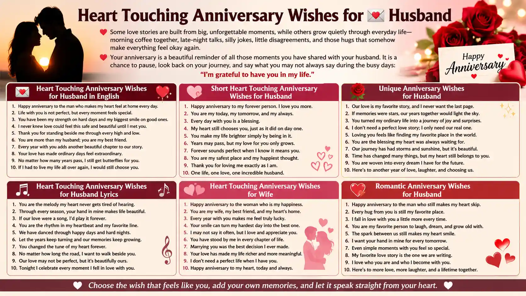 Heart-Touching Anniversary Wishes for 💌 Husband Some love stories are built from big, unforgettable moments, while others grow quietly through everyday life—morning coffee together, late-night talks, silly jokes, little disagreements, and those hugs that somehow make everything feel okay again. Your anniversary is a beautiful reminder of all those moments you have shared with your husband. It is a chance to pause, look back on your journey, and say what you may not always say during the busy days: “I’m grateful to have you in my life.” If you're searching for heart-touching anniversary wishes for your husband, you may already know exactly how you feel but simply can't find the right words. That happens. When someone means so much to you, even the simplest message can feel difficult to write. That’s why this collection is here. You’ll find romantic, emotional, short, unique, and deeply heartfelt anniversary wishes that feel natural rather than overly formal. Whether you're writing a card, sending a sweet text, or sharing a caption on social media, choose a message that feels like your relationship—and add a personal memory or a few words of your own to make it truly special. ❤️